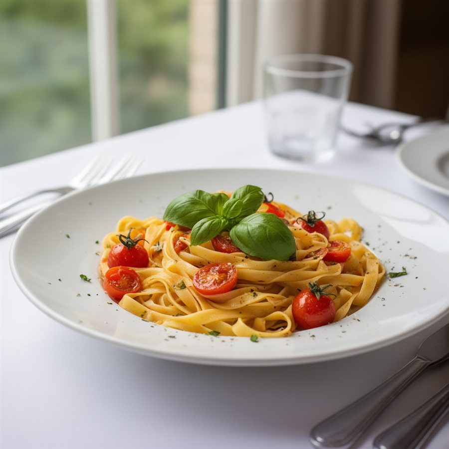 AI-generated restaurant-grade photo of a plate of pasta in natural light