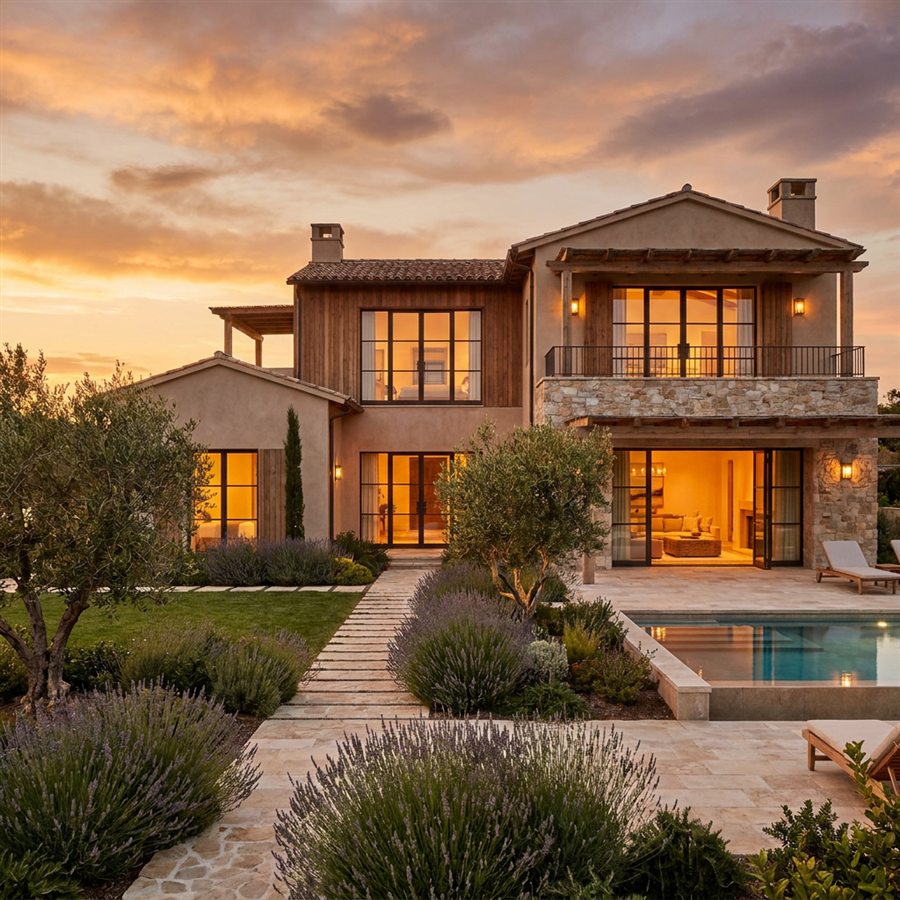 AI-generated photo of a Mediterranean villa with pool at golden hour