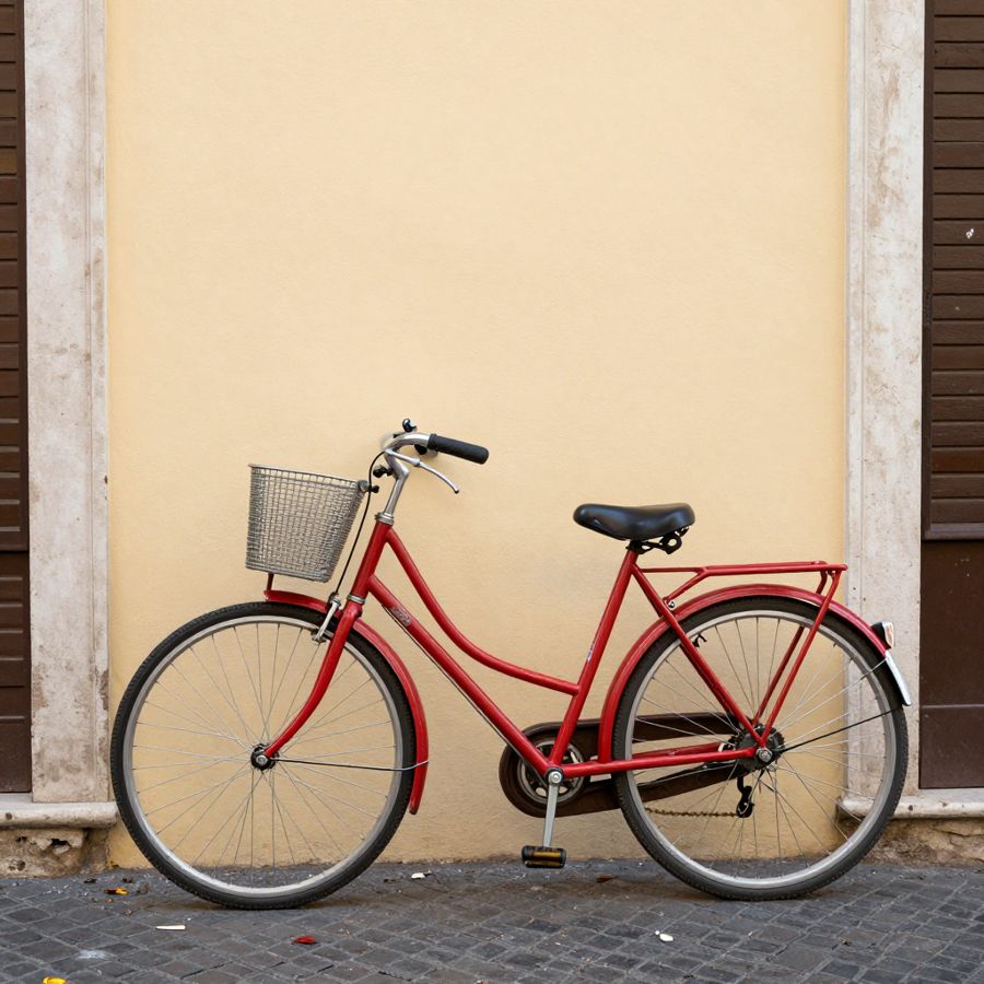 AI photo of a vintage red bicycle on a pastel wall in Rome