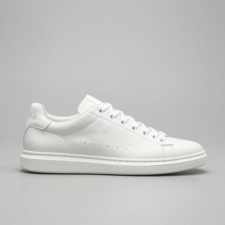 AI-generated product photo of a white leather sneaker, take 1